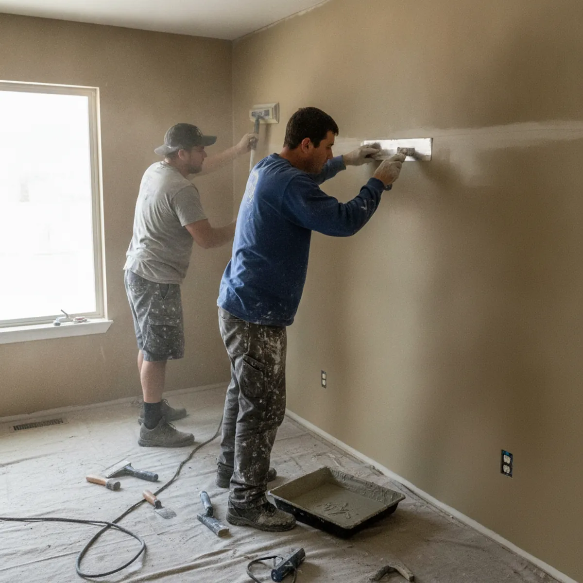 Drywall crew finishing a wall repair in Las Cruces, NM